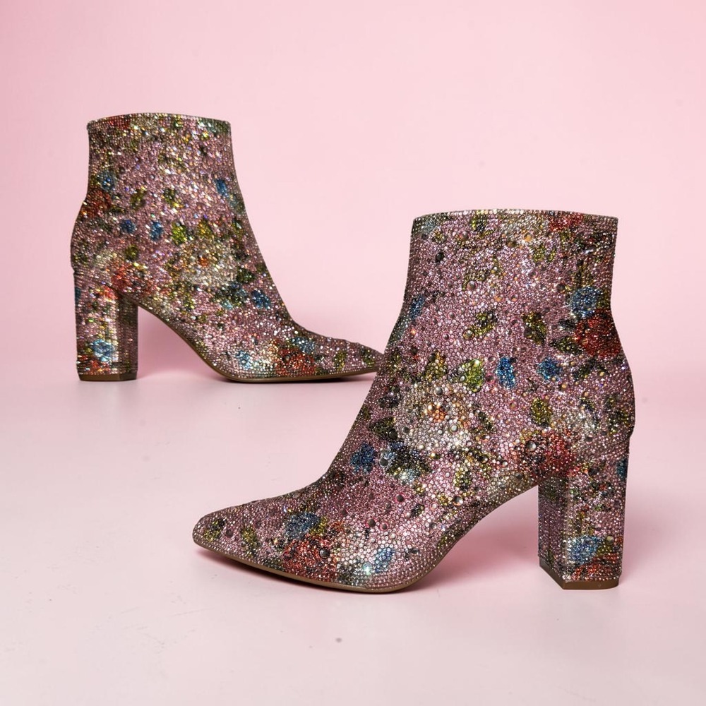 Betsey Johnson Cady Floral Rhinestone Ankle Boots Pink Multi Pointed Toe 7